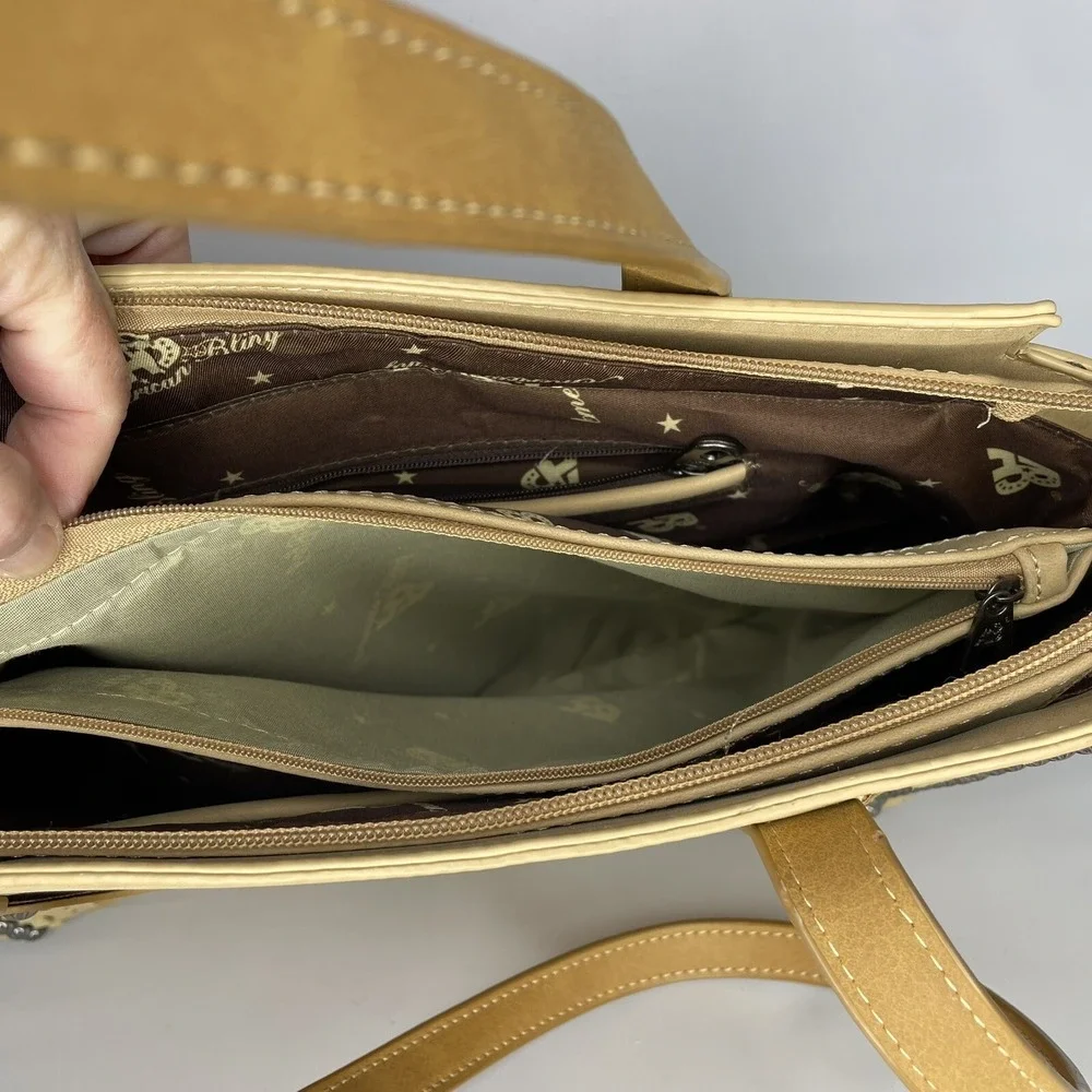 American Bling Concealed Carry Tan Purse Studded Detail Shoulder Bag Zip Closure